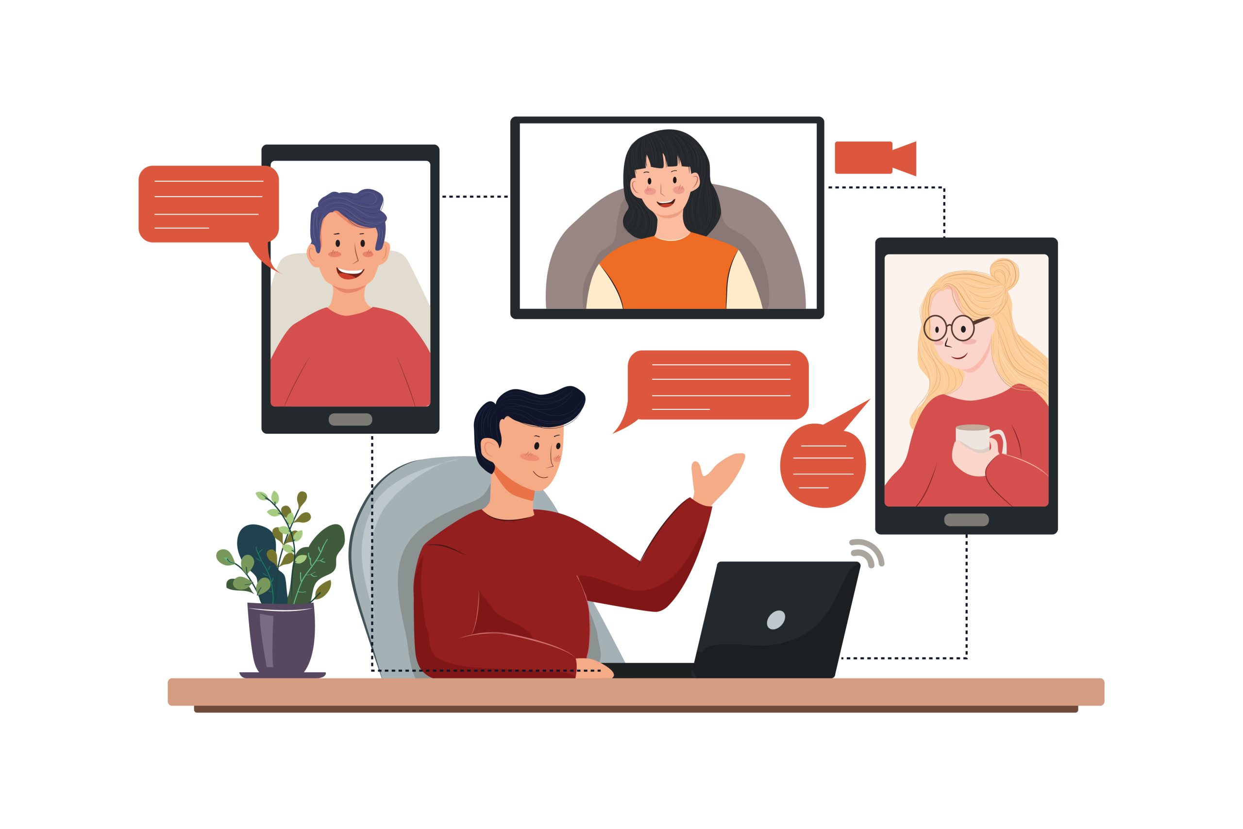 Work from home Vector Illustration concept. Flat illustration isolated on white background. worker connects virtually with people